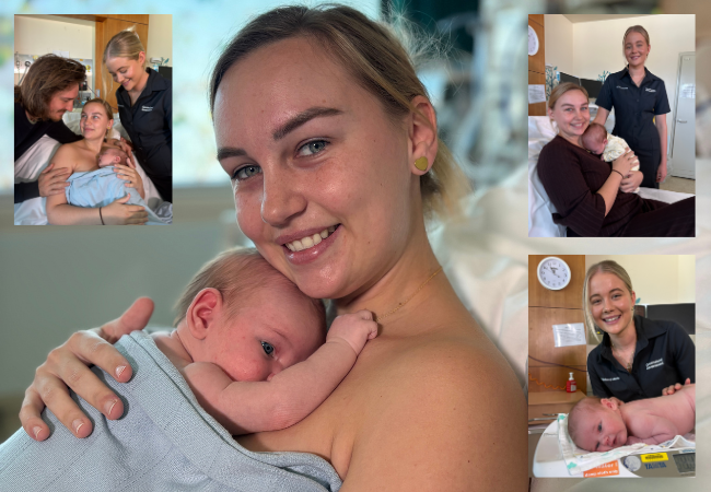 Female smiling with baby on chest