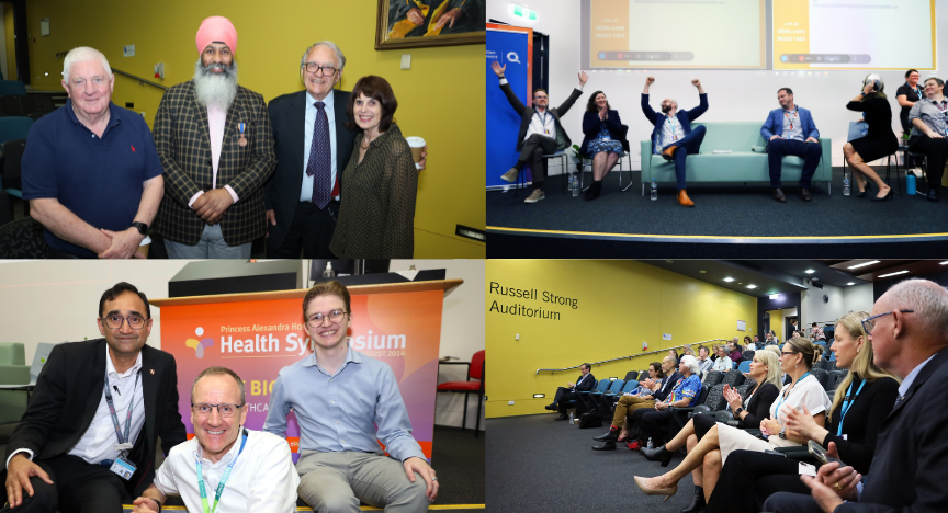 Collage of four images from a health symposium at Russell Strong Auditorium, showing attendees, speakers on stage, and a group photo in front of a symposium banner.