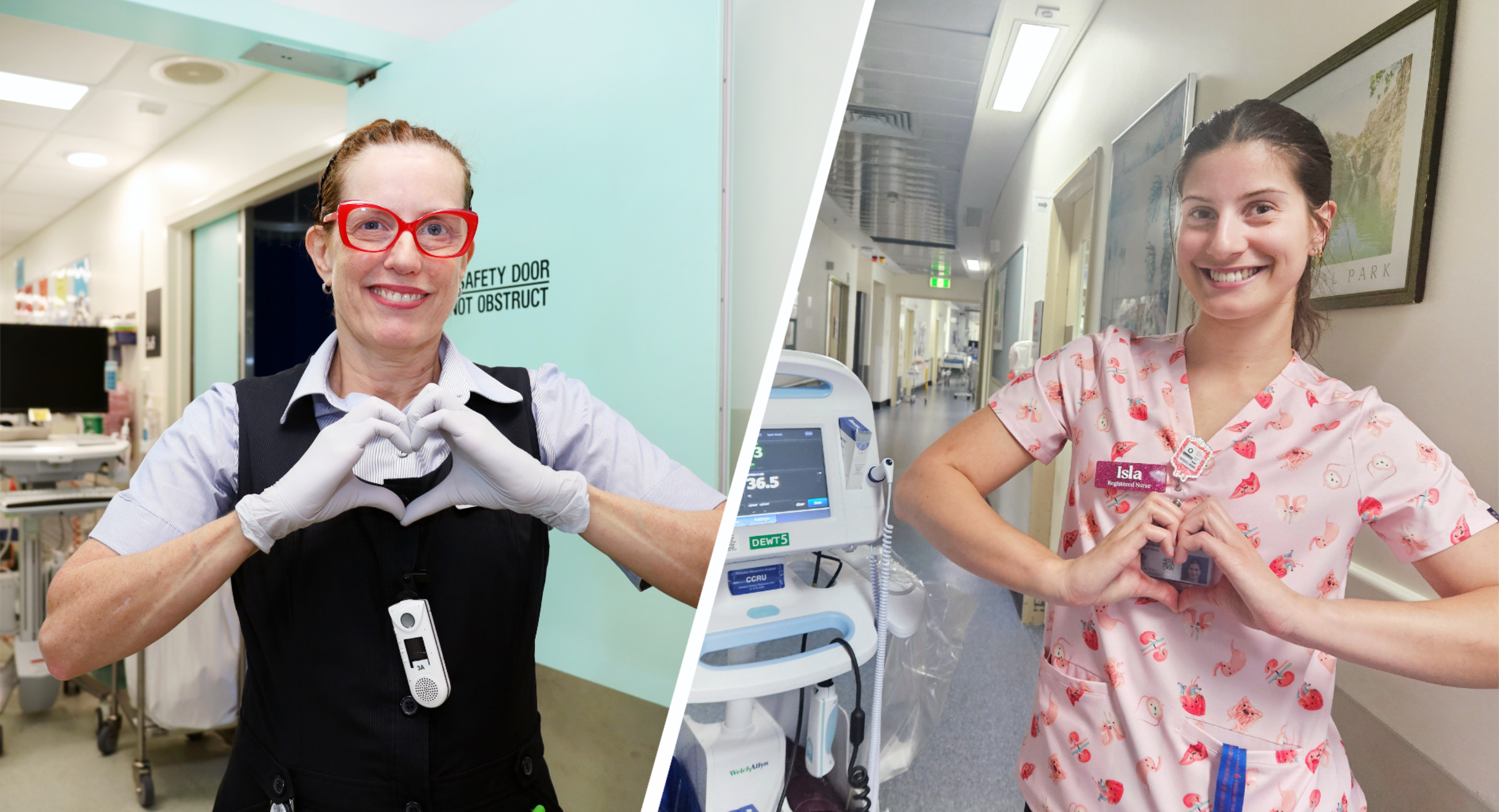 mother and daughter nurses making heart hands standing in two different hospital hallways