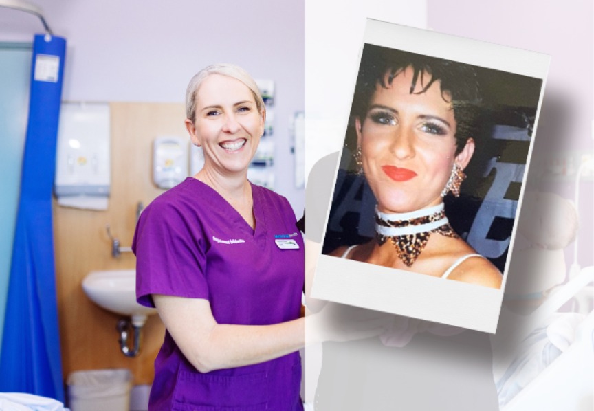 Niki the Midwife standing in a clinical area with a photo from her ballroom dancing days