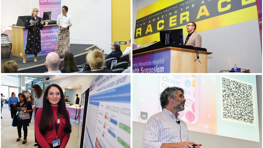 A collage of photos from the PA Hospital health symposium, featuring attendees engaged in discussions and presentations