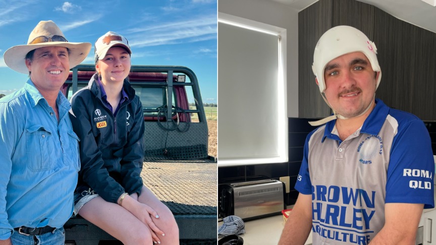 Image shows two brain injury patients, Zoe on the left and Brian on the right, both wearing hats and smiling