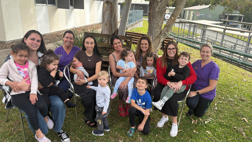 A group of mothers and babies outside at Redland Hospital