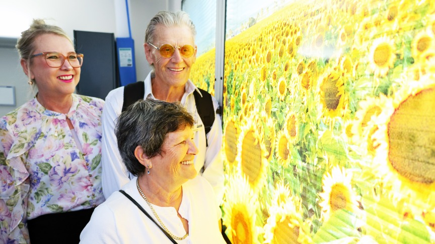 Three people, Dave and Grace, with Sue Schoonbeek, admire a large sunflower window decal in Ward 2E