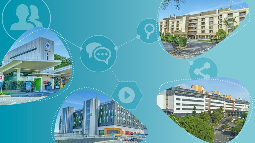 Collage of four hospitals against a light blue background