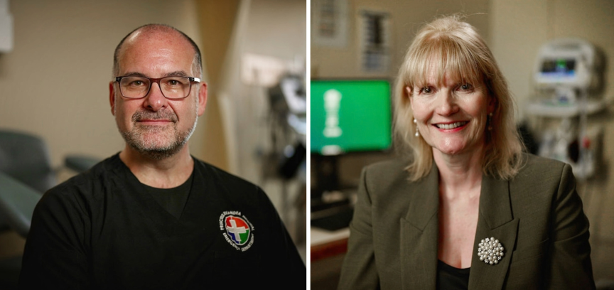 a headshot of a male clinician wearing scrubs and a female clinician in a procedure room