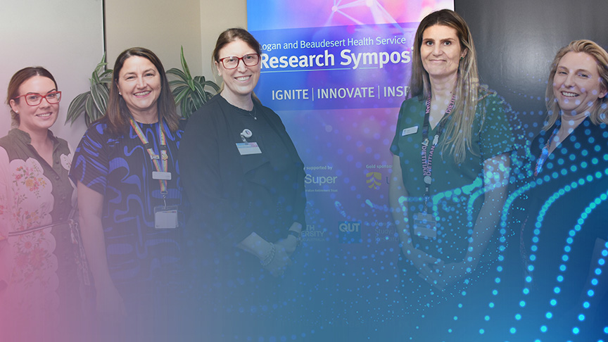 A group of people standing together at a health symposium, with a digital network graphic overlay.