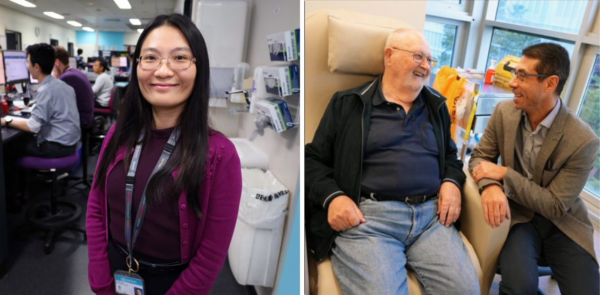 A collage of a female doctor in clinic next to a male patient in a procedure chair sitting beside a male doctor