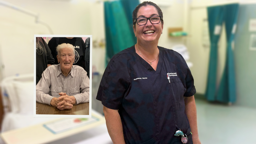 Woman standing in scrubs in a hospital room with an inset picture of an elderly male