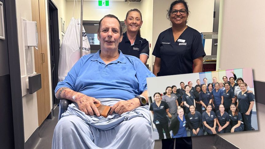 Large picture of a man in a wheelchair being pushed by two workers, inset picture team of nurses looking excited