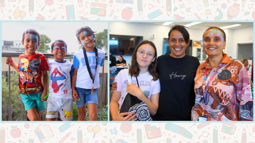 Two images of young children, a parent and a staff member smiling and enjoying the day.