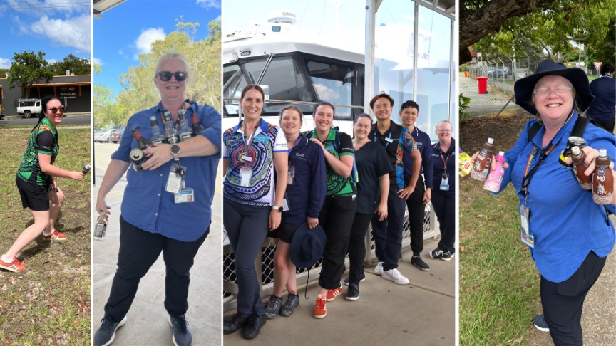 Collage of team picking up recyclable drink containers outdoors.